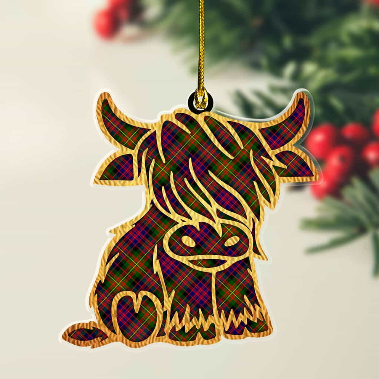 ScotsTee Shop Scottish Carnegie Modern Plaid Gold Tartan Highland Cow Ornament