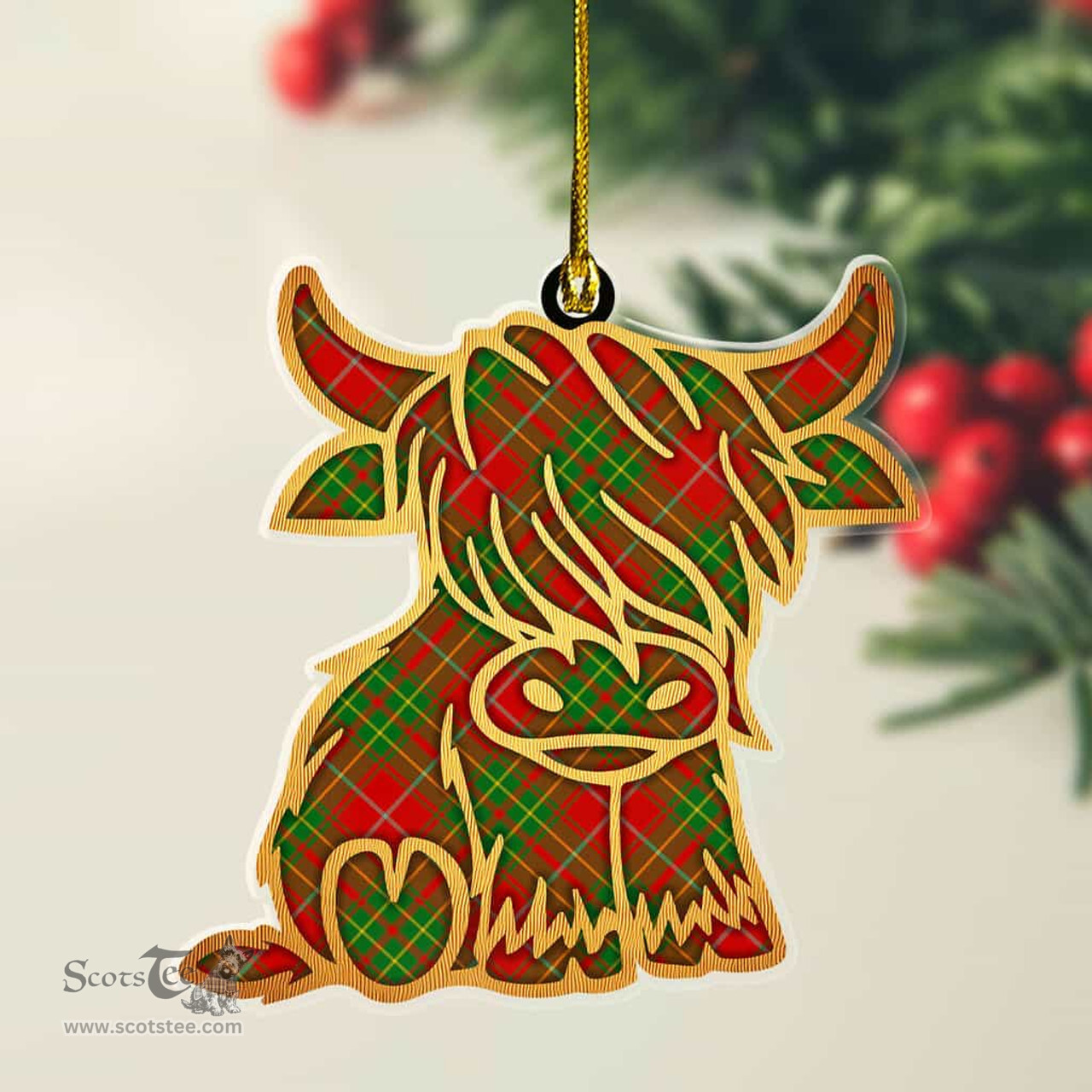 ScotsTee Shop Scottish Burnett Ancient Plaid Gold Tartan Highland Cow Ornament