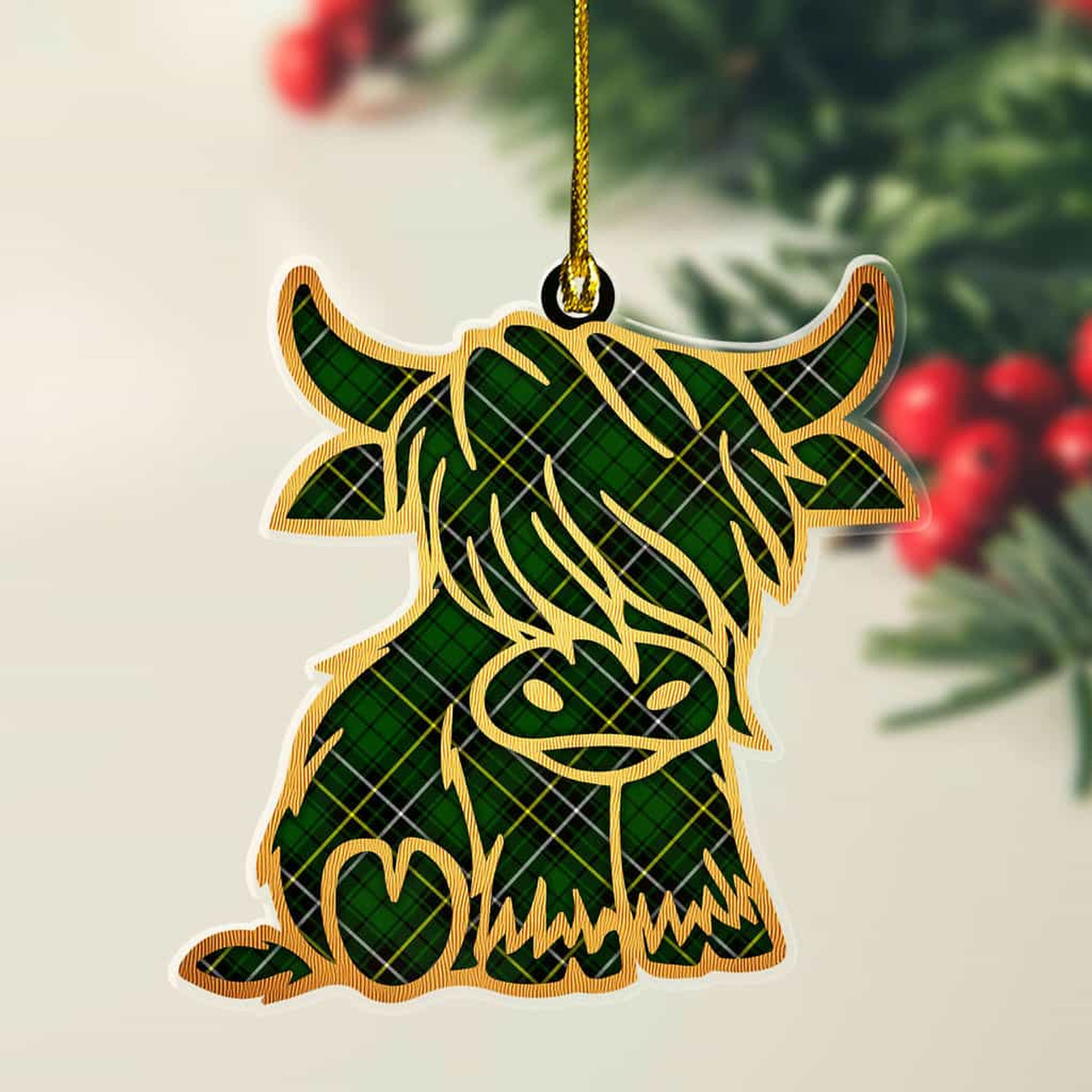 ScotsTee Shop Scottish MacAlpine Modern Plaid Gold Tartan Highland Cow Ornament