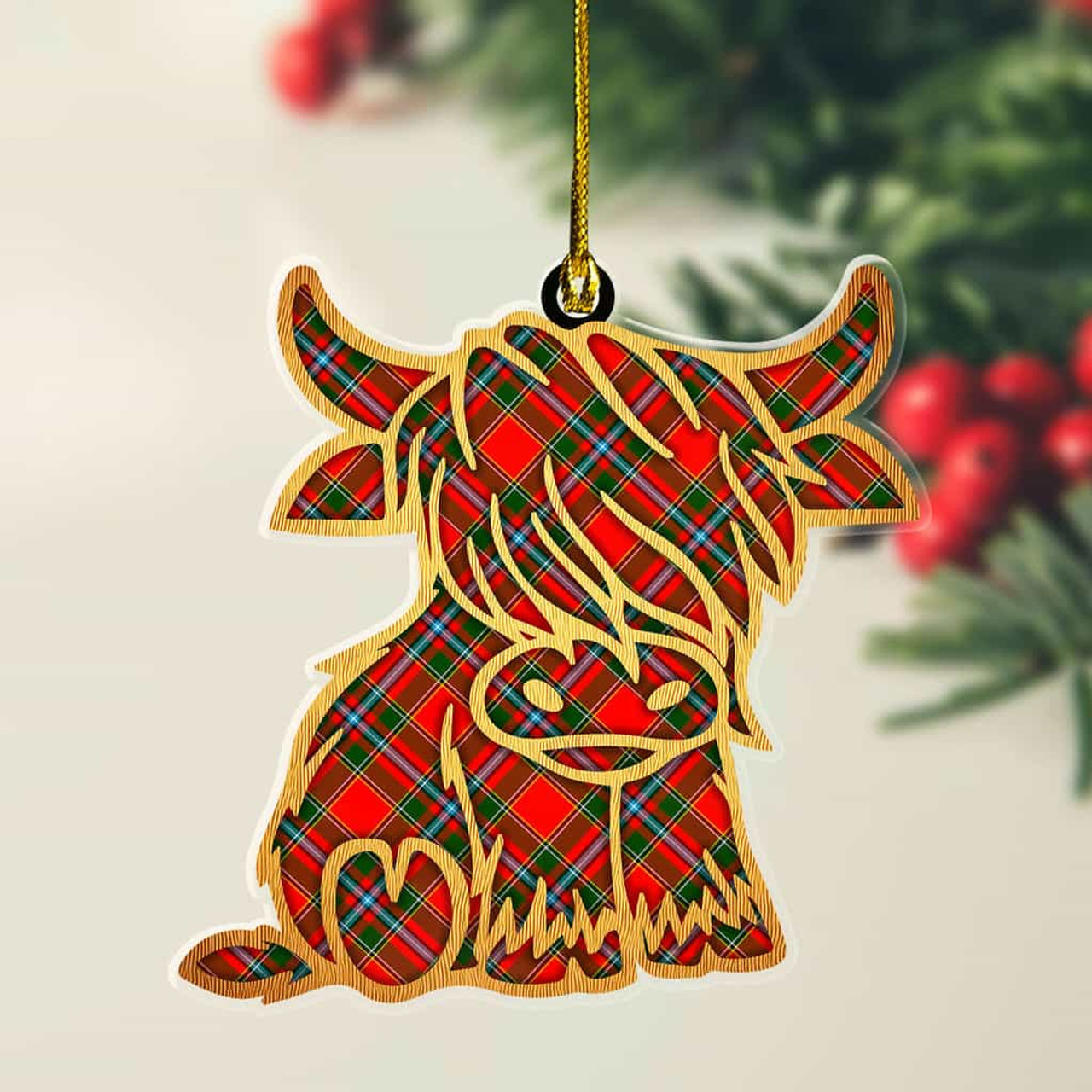 ScotsTee Shop Scottish Drummond of Perth Plaid Gold Tartan Highland Cow Ornament