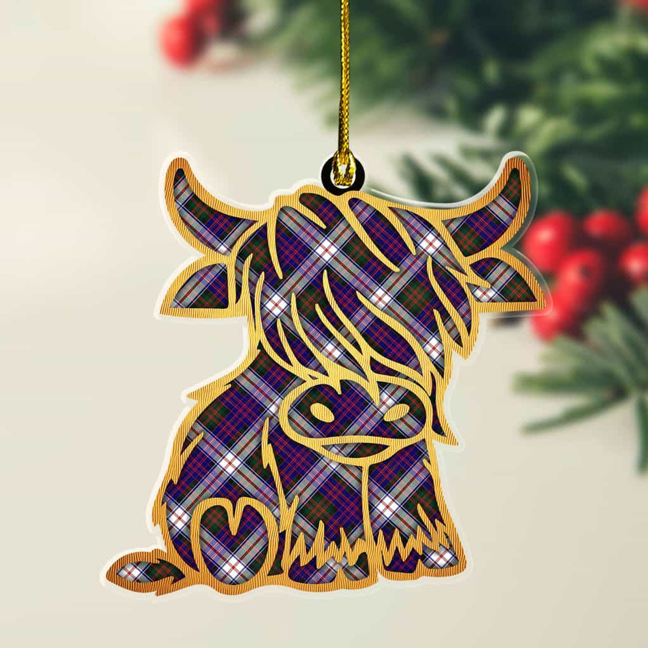 ScotsTee Shop Scottish MacDonald Dress Modern Plaid Gold Tartan Highland Cow Ornament