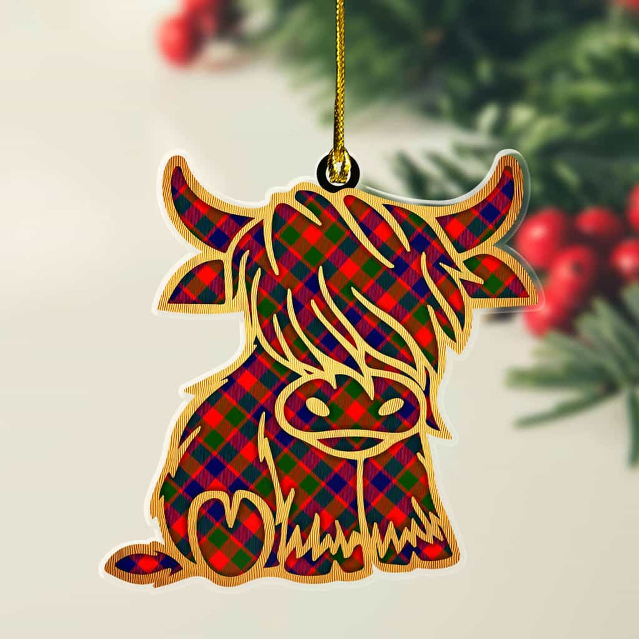 ScotsTee Shop Scottish Gow Modern Plaid Gold Tartan Highland Cow Ornament
