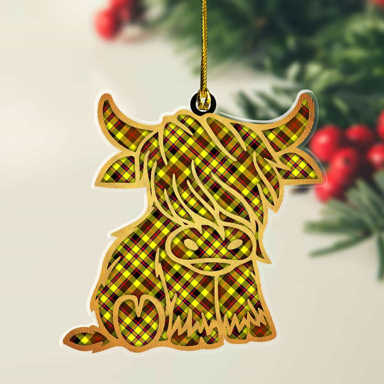 ScotsTee Shop Scottish Jardine Plaid Gold Tartan Highland Cow Ornament