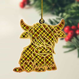 ScotsTee Shop Scottish Jardine Plaid Gold Tartan Highland Cow Ornament