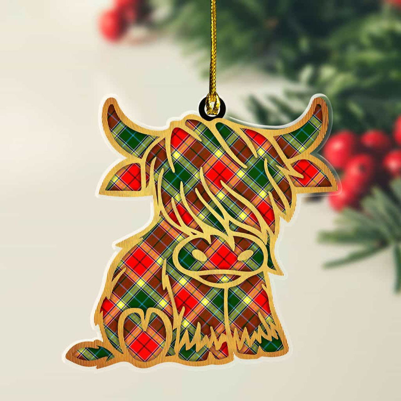 ScotsTee Shop Scottish Gibbs Plaid Gold Tartan Highland Cow Ornament