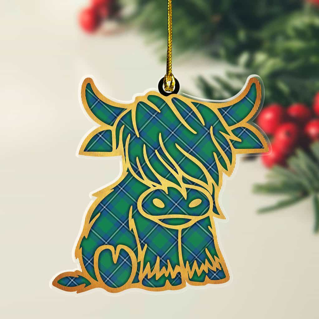 ScotsTee Shop Scottish Irvine Ancient Plaid Gold Tartan Highland Cow Ornament