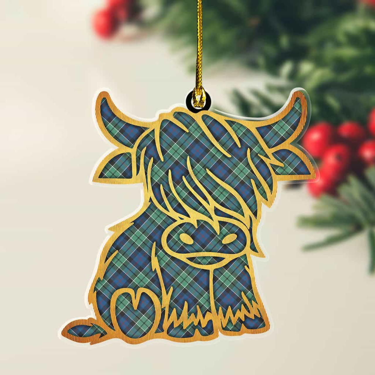 ScotsTee Shop Scottish Leslie Hunting Ancient Plaid Gold Tartan Highland Cow Ornament