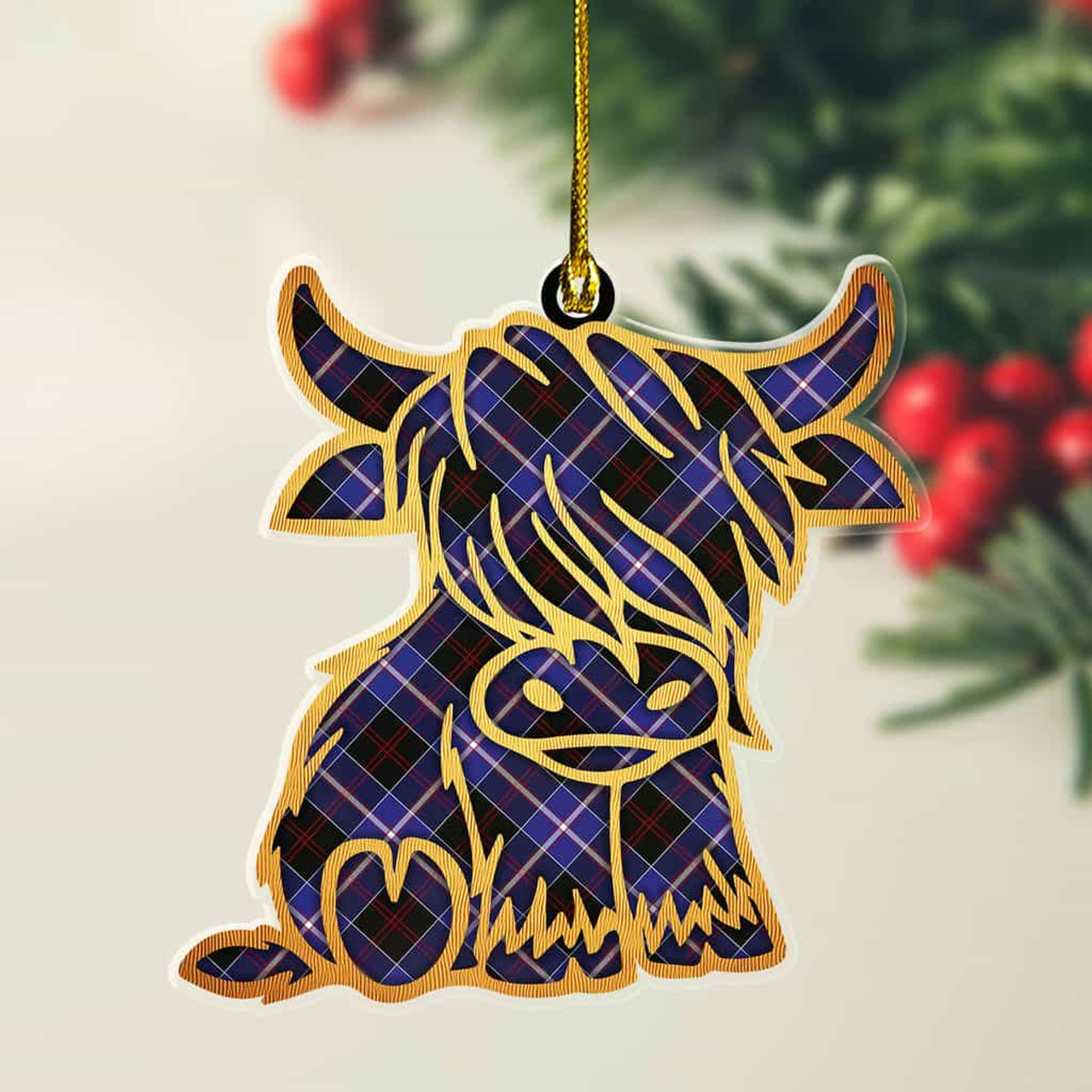 ScotsTee Shop Scottish Dunlop Modern Plaid Gold Tartan Highland Cow Ornament
