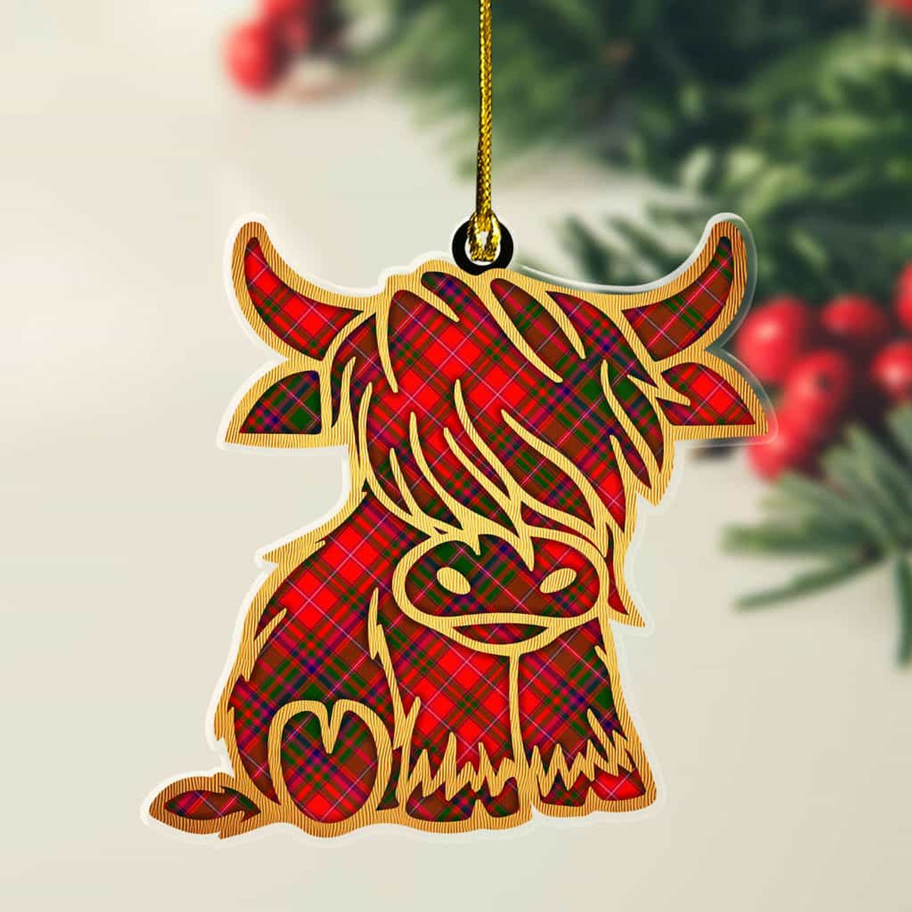 ScotsTee Shop Scottish MacDougall Modern Plaid Gold Tartan Highland Cow Ornament