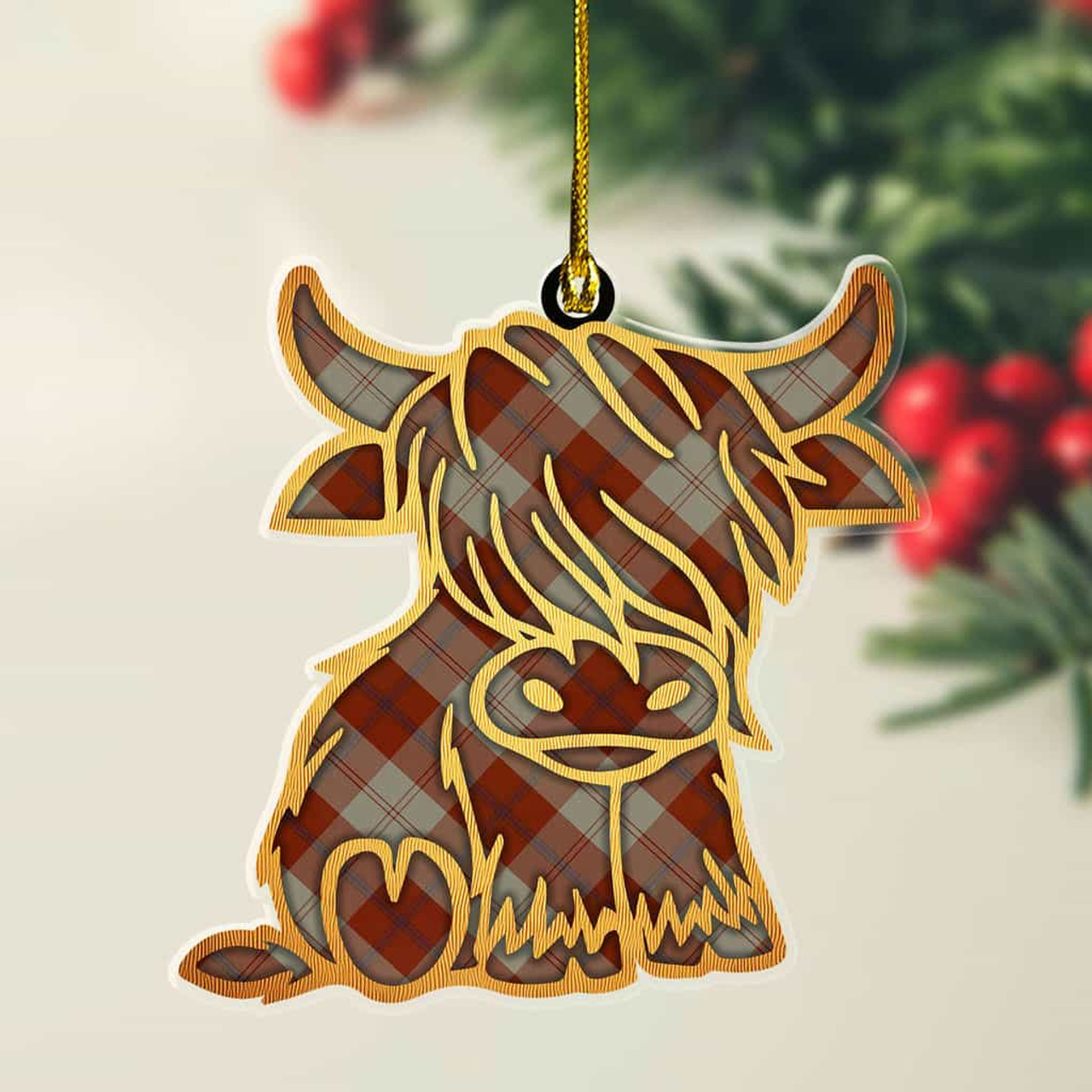 ScotsTee Shop Scottish Davidson Dress Dancers Plaid Gold Tartan Highland Cow Ornament