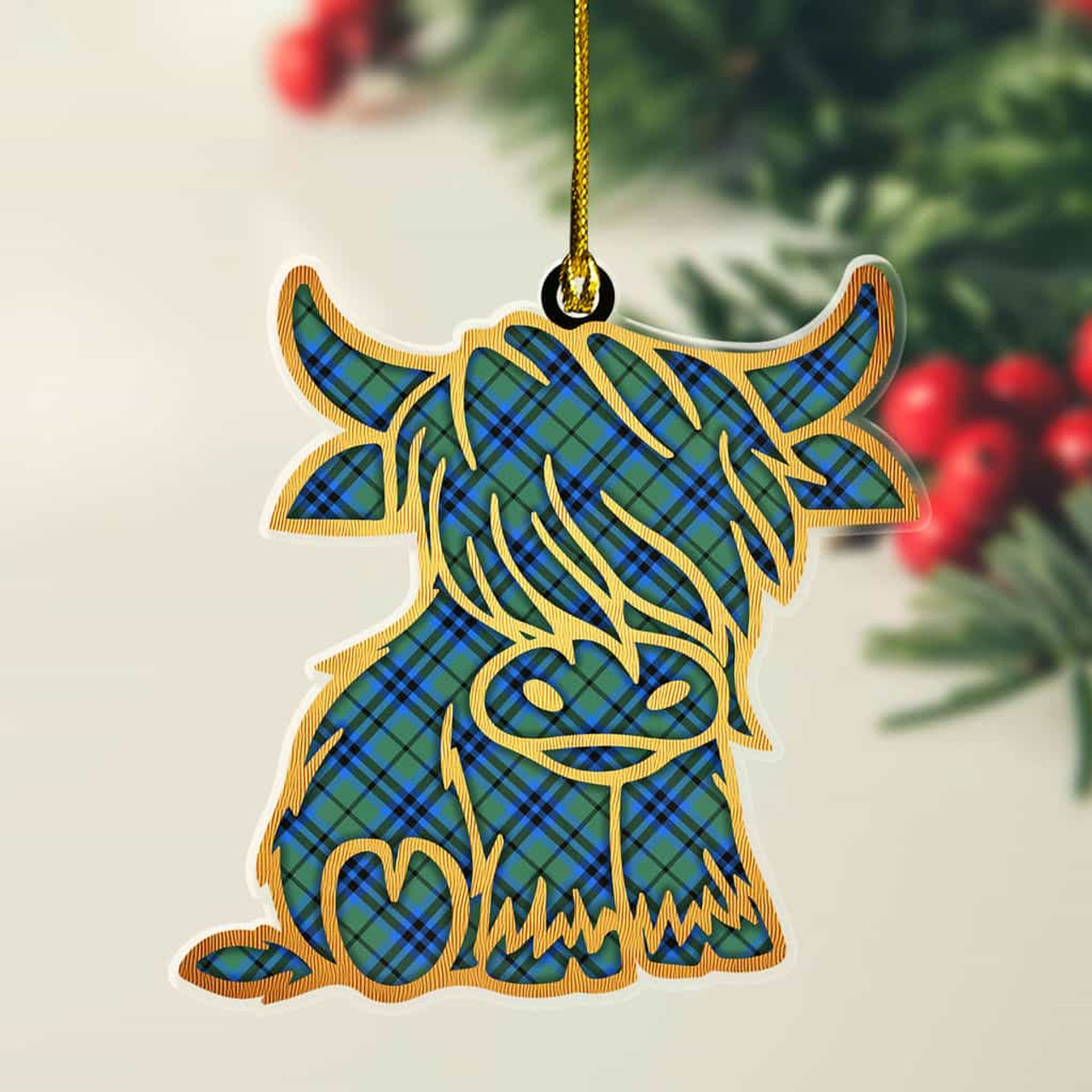 ScotsTee Shop Scottish Falconer Plaid Gold Tartan Highland Cow Ornament