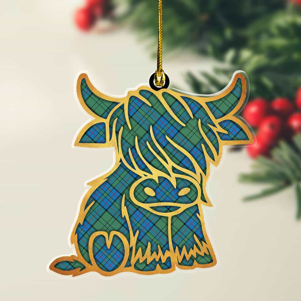 ScotsTee Shop Scottish Lockhart Plaid Gold Tartan Highland Cow Ornament