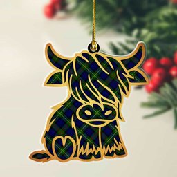 ScotsTee Shop Scottish MacEwen Modern Plaid Gold Tartan Highland Cow Ornament