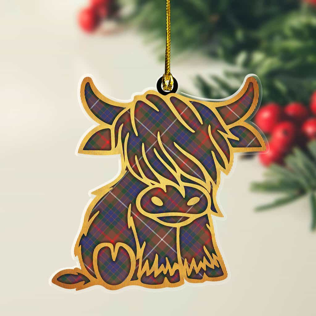ScotsTee Shop Scottish Fraser Hunting Modern Plaid Gold Tartan Highland Cow Ornament