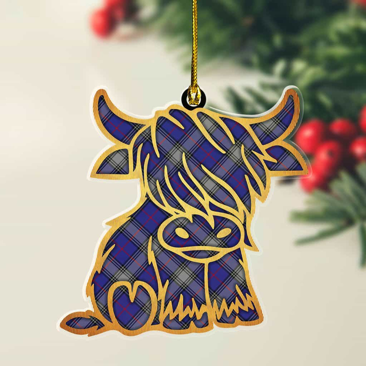 ScotsTee Shop Scottish Kinnaird Plaid Gold Tartan Highland Cow Ornament
