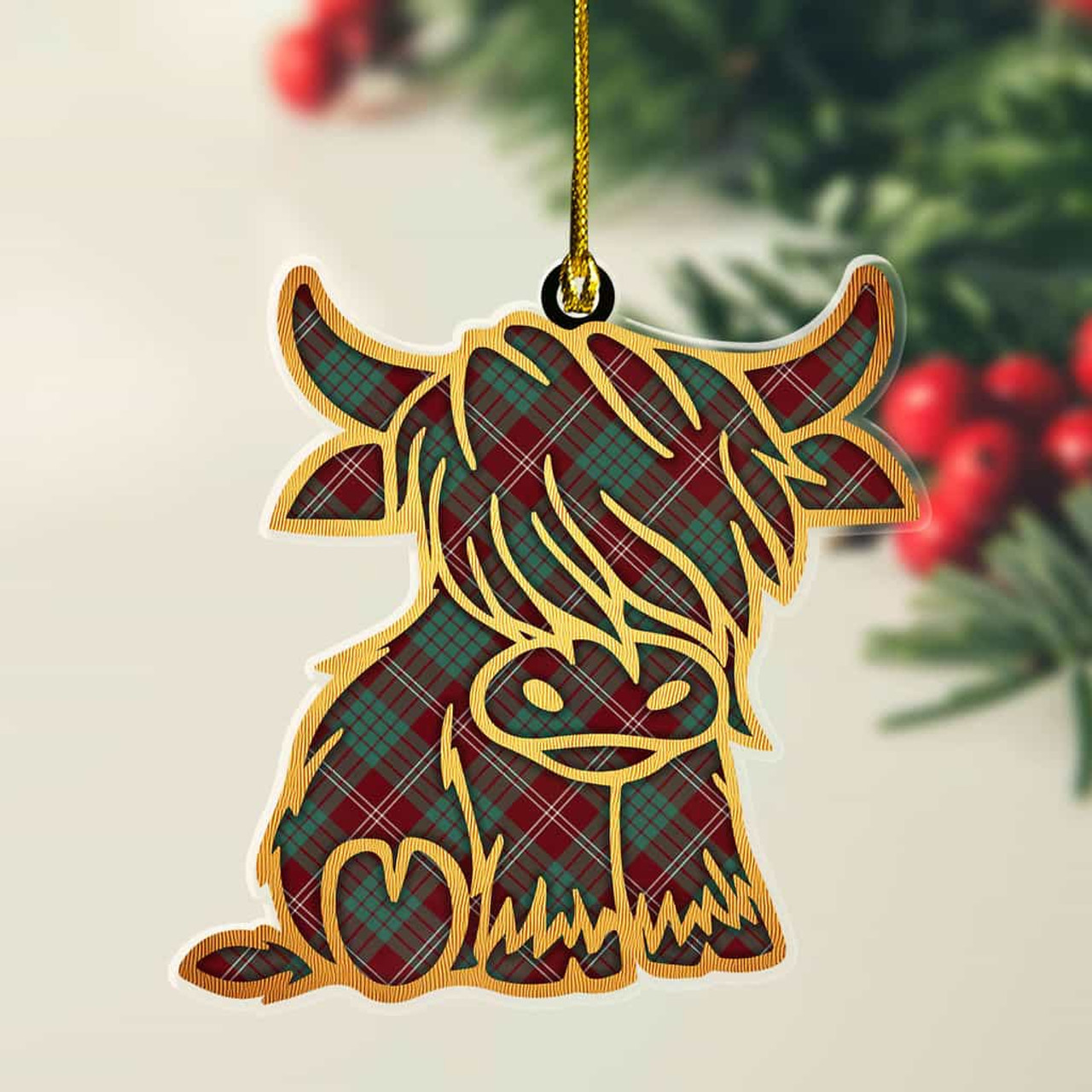 ScotsTee Shop Scottish Crawford Modern Plaid Gold Tartan Highland Cow Ornament