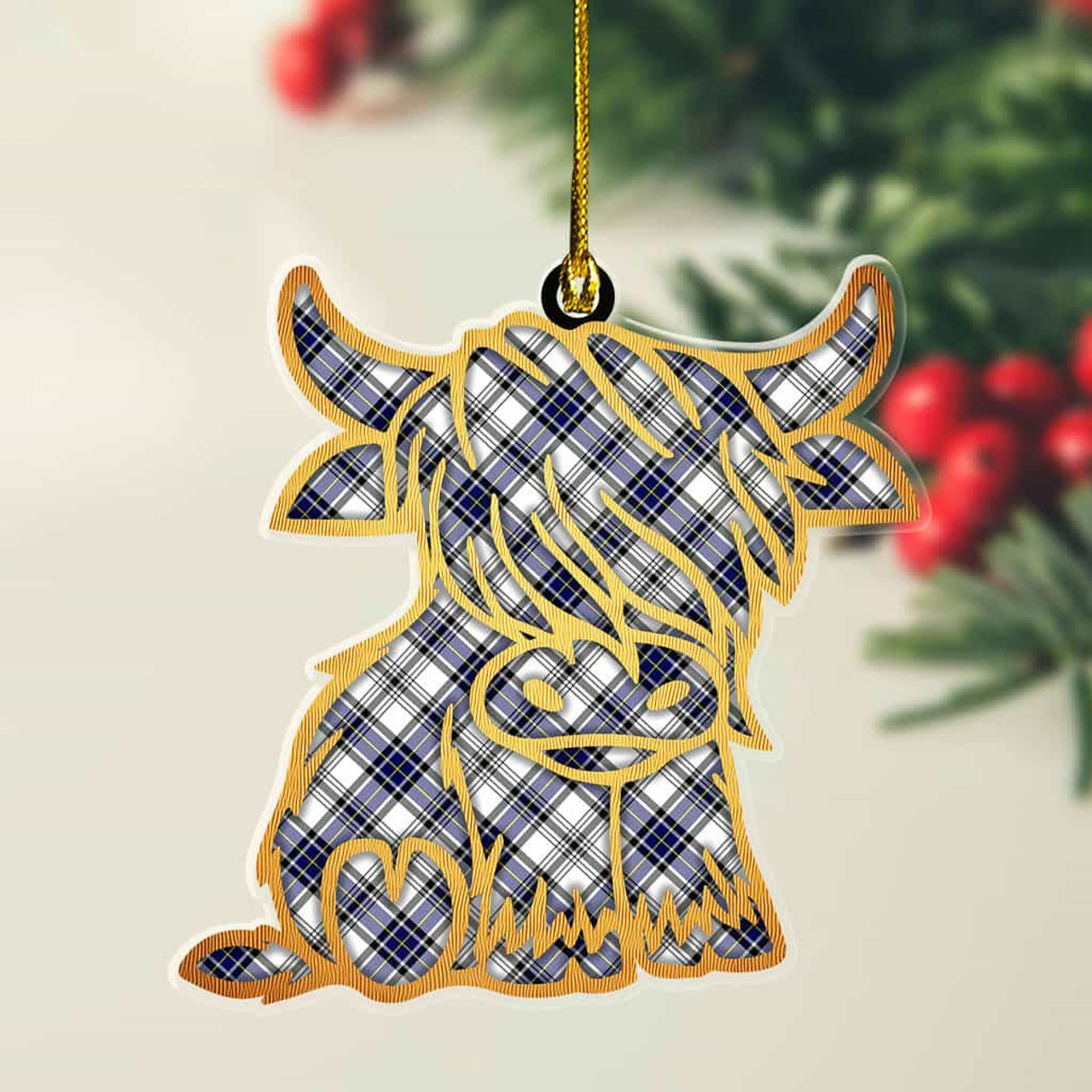 ScotsTee Shop Scottish Hannay Modern Plaid Gold Tartan Highland Cow Ornament