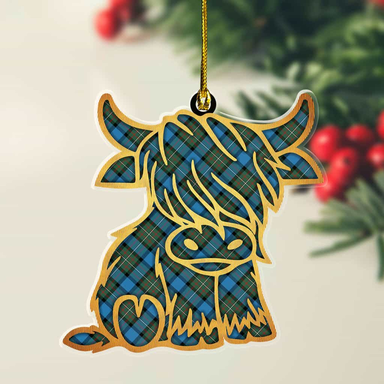 ScotsTee Shop Scottish Fergusson Ancient Plaid Gold Tartan Highland Cow Ornament