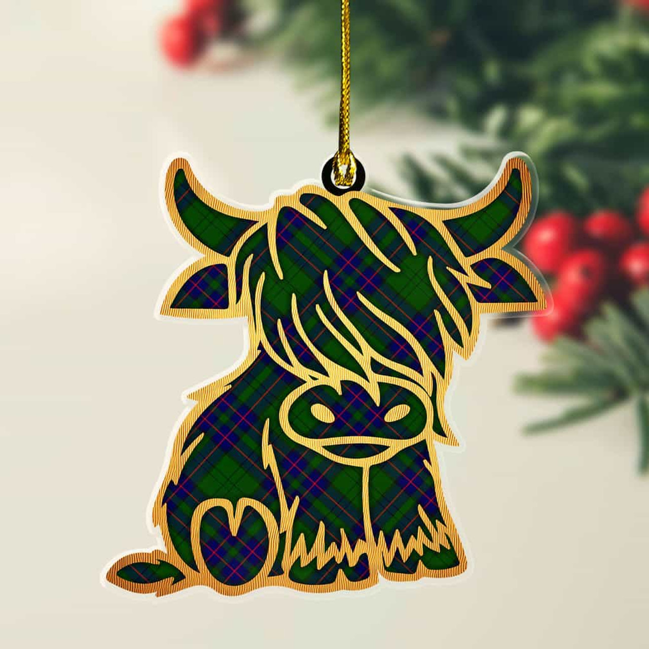ScotsTee Shop Scottish Lockhart Modern Plaid Gold Tartan Highland Cow Ornament