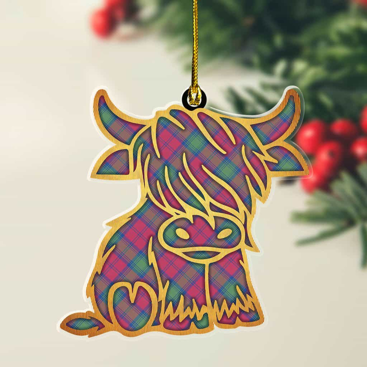 ScotsTee Shop Scottish Lindsay Ancient Plaid Gold Tartan Highland Cow Ornament