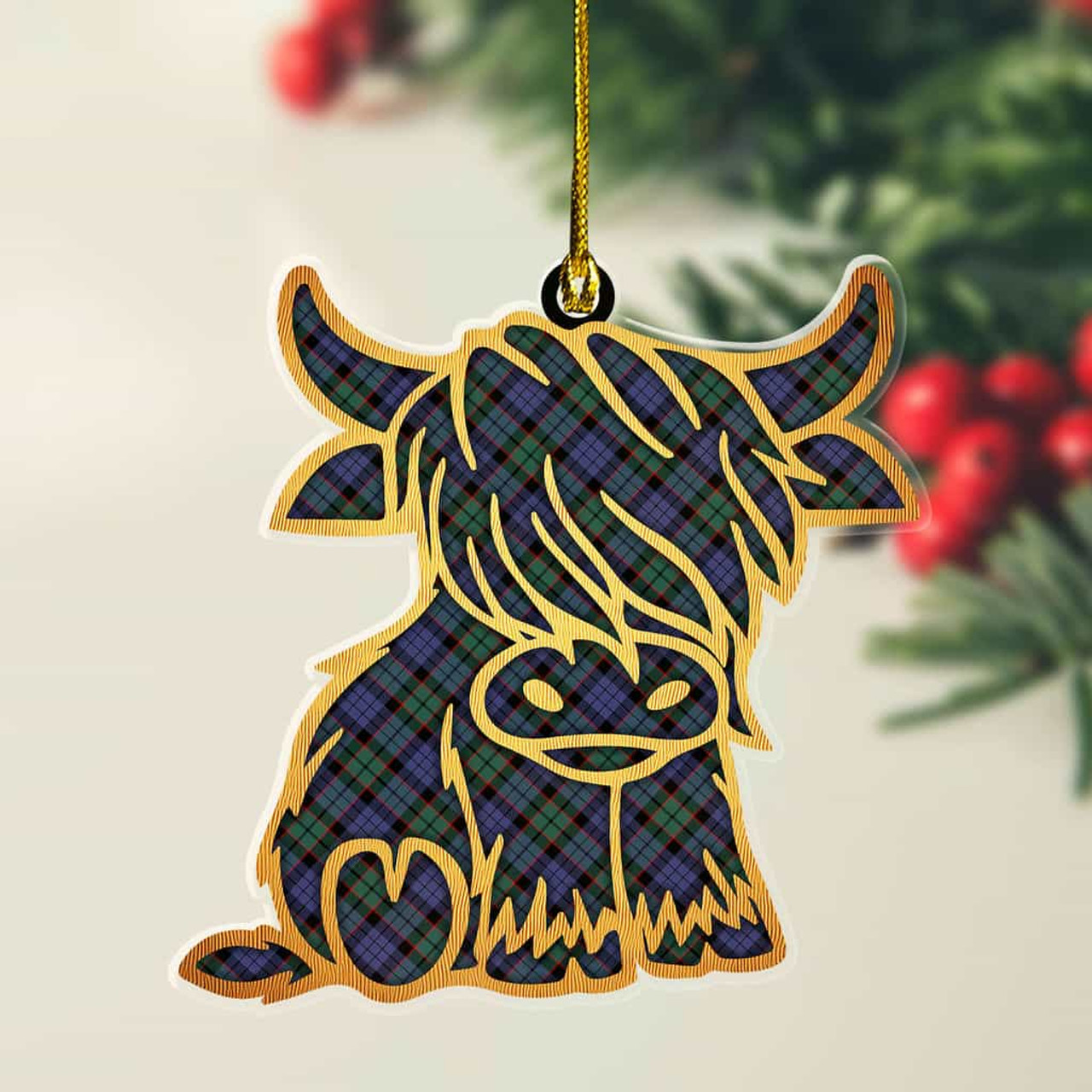 ScotsTee Shop Scottish Fletcher Modern Plaid Gold Tartan Highland Cow Ornament