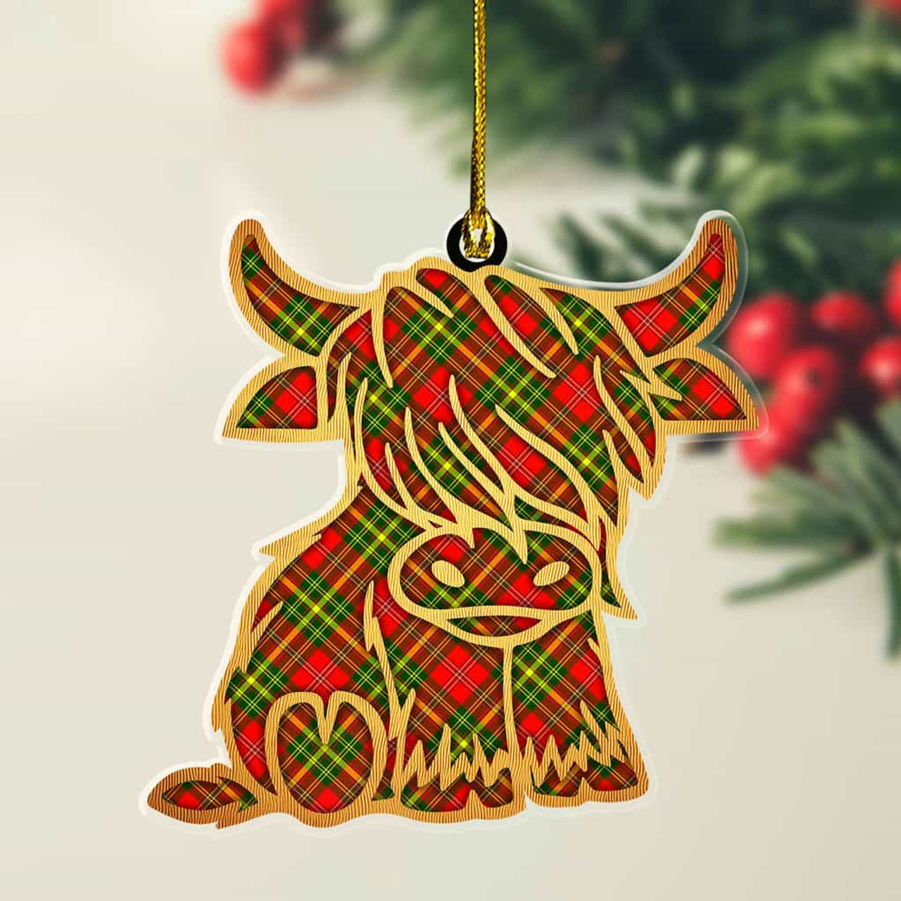 ScotsTee Shop Scottish Leask Plaid Gold Tartan Highland Cow Ornament