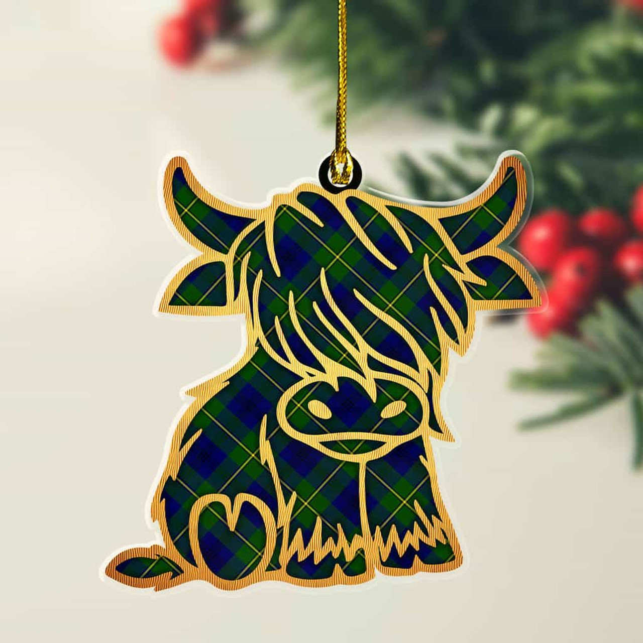 ScotsTee Shop Scottish Johnston Modern Plaid Gold Tartan Highland Cow Ornament