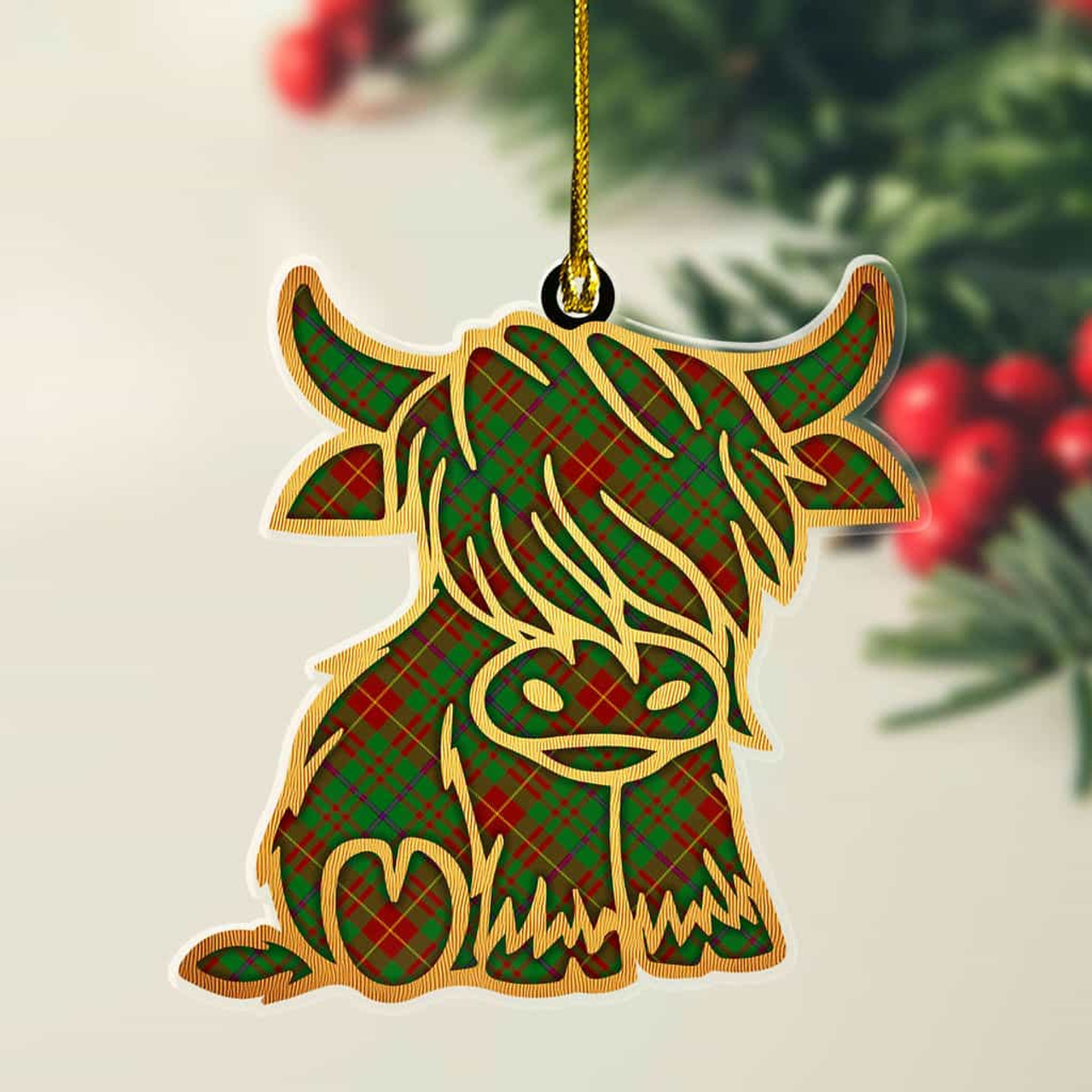 ScotsTee Shop Scottish Fulton Plaid Gold Tartan Highland Cow Ornament