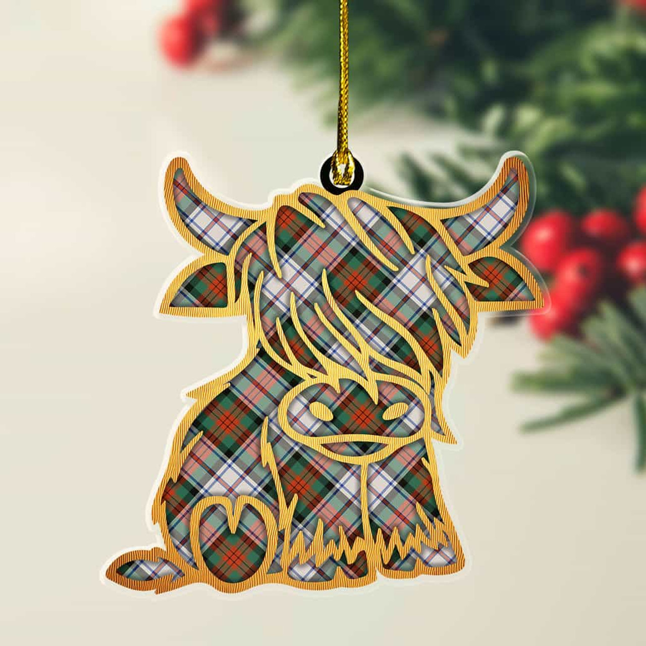 ScotsTee Shop Scottish MacDuff Dress Ancient Plaid Gold Tartan Highland Cow Ornament