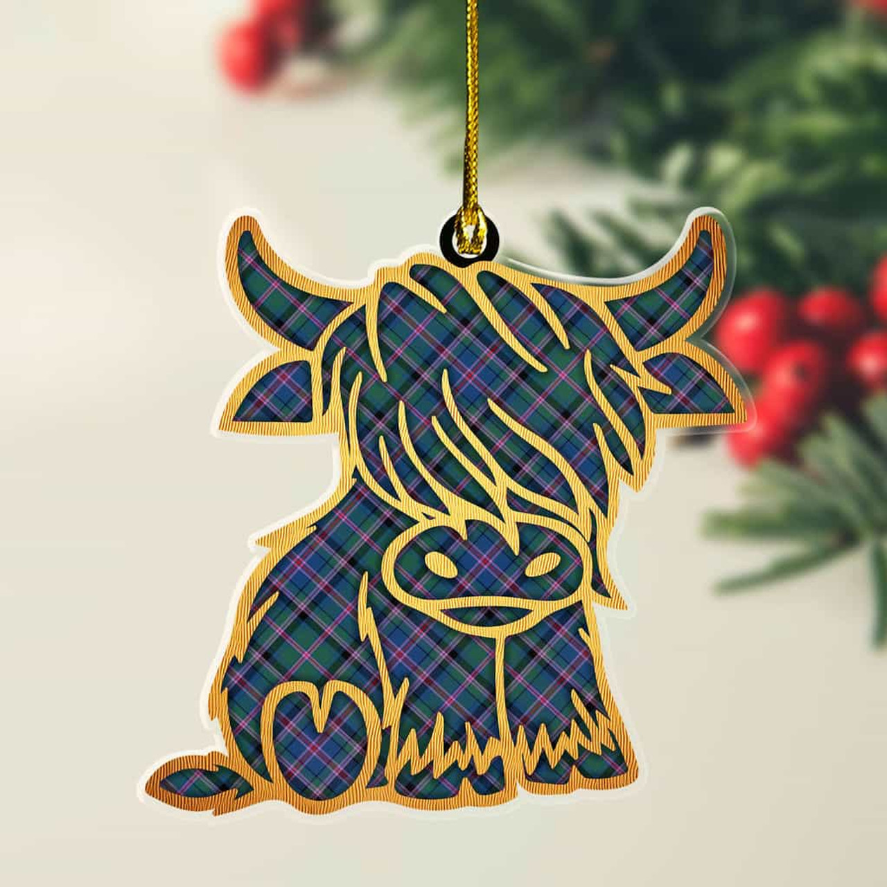 ScotsTee Shop Scottish Cooper Ancient Plaid Gold Tartan Highland Cow Ornament