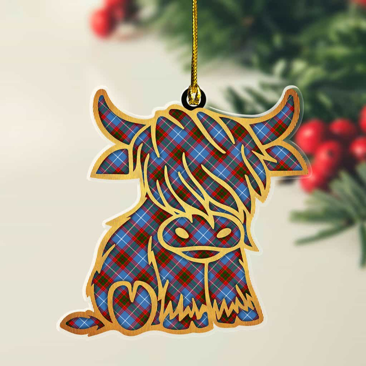 ScotsTee Shop Scottish Edinburgh District Plaid Gold Tartan Highland Cow Ornament