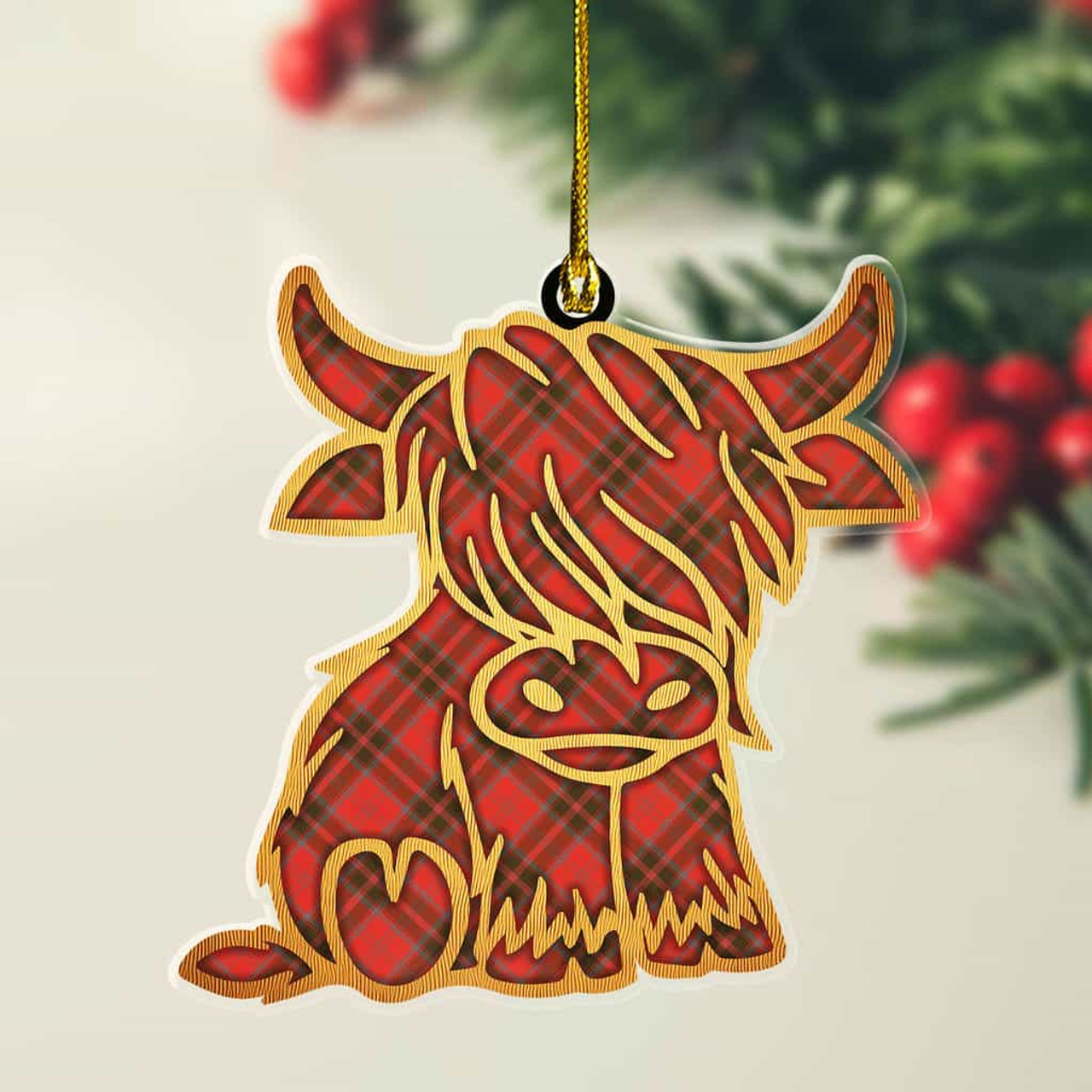 ScotsTee Shop Scottish Grant Weathered Plaid Gold Tartan Highland Cow Ornament