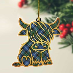 ScotsTee Shop Scottish MacRae Hunting Ancient Plaid Gold Tartan Highland Cow Ornament