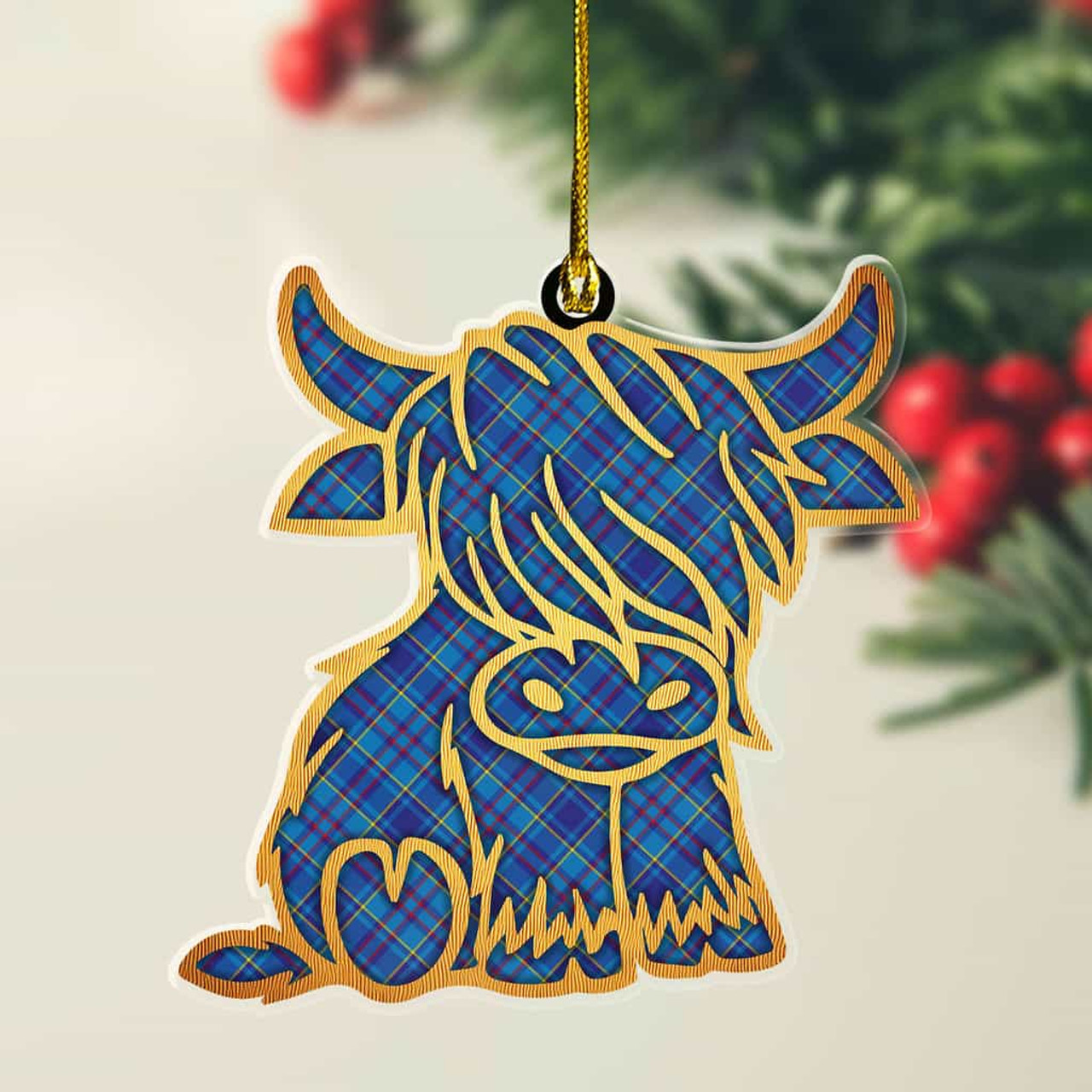 ScotsTee Shop Scottish Mercer Modern Plaid Gold Tartan Highland Cow Ornament