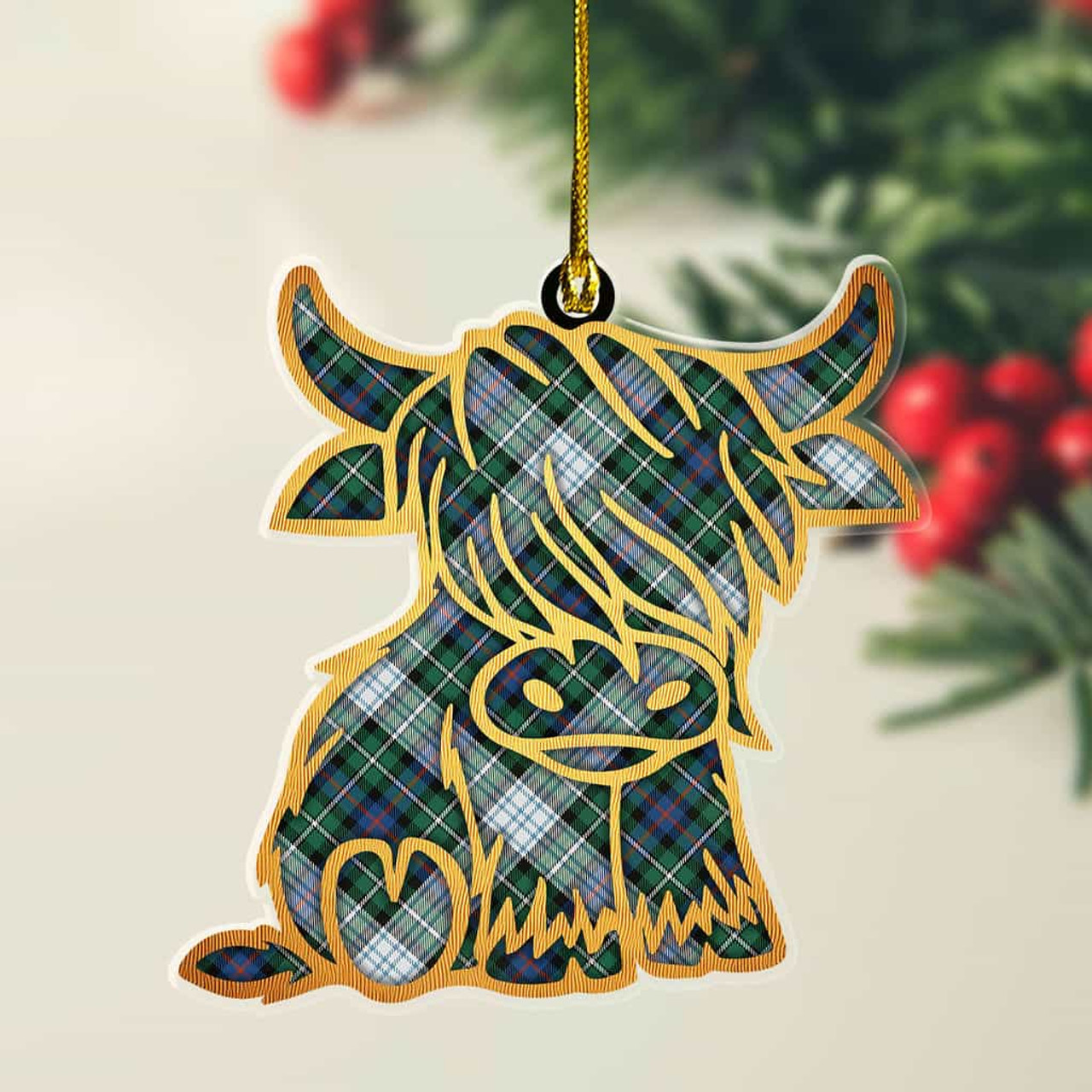 ScotsTee Shop Scottish MacKenzie Dress Ancient Plaid Gold Tartan Highland Cow Ornament