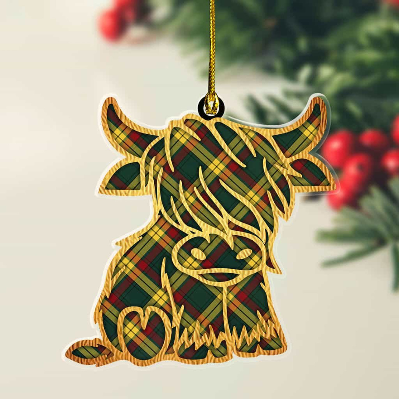 ScotsTee Shop Scottish MacMillan Old Modern Plaid Gold Tartan Highland Cow Ornament