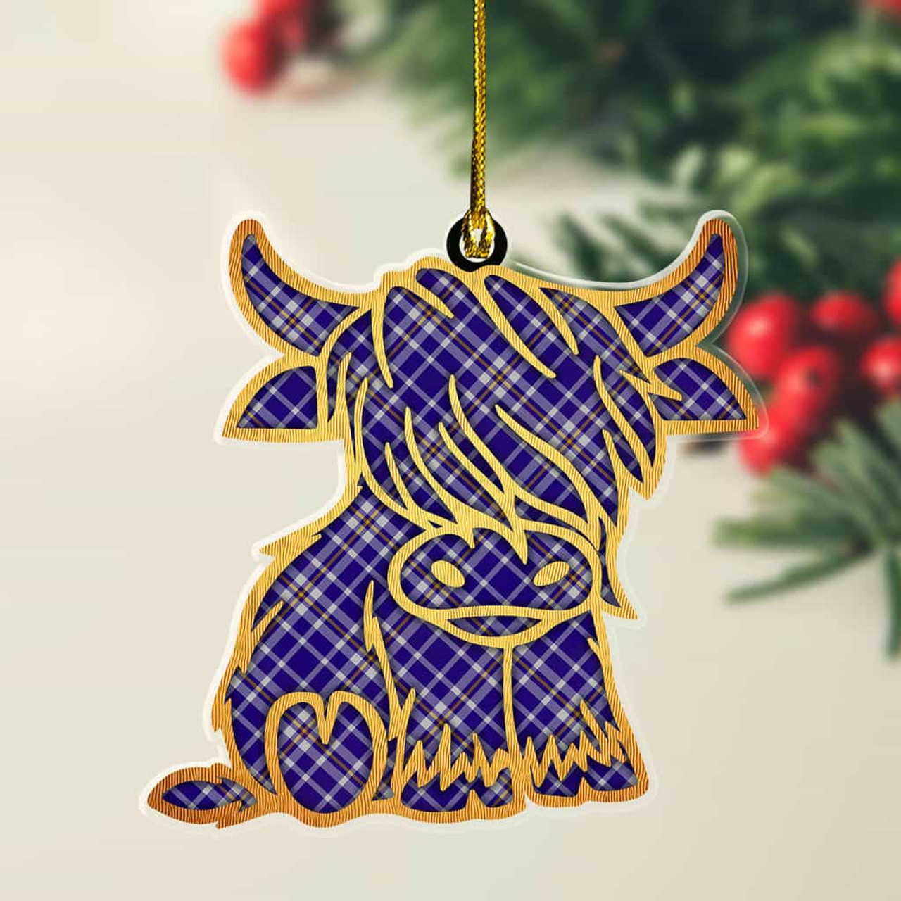 ScotsTee Shop Scottish Ochterlony Plaid Gold Tartan Highland Cow Ornament