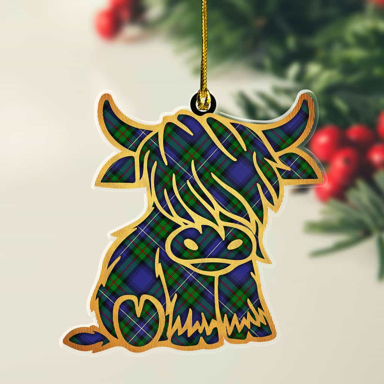 ScotsTee Shop Scottish Robertson Hunting Modern Plaid Gold Tartan Highland Cow Ornament