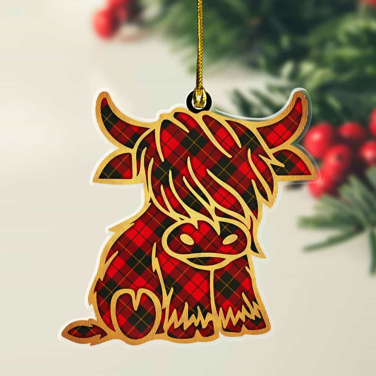 ScotsTee Shop Scottish Wallace Weathered Plaid Gold Tartan Highland Cow Ornament