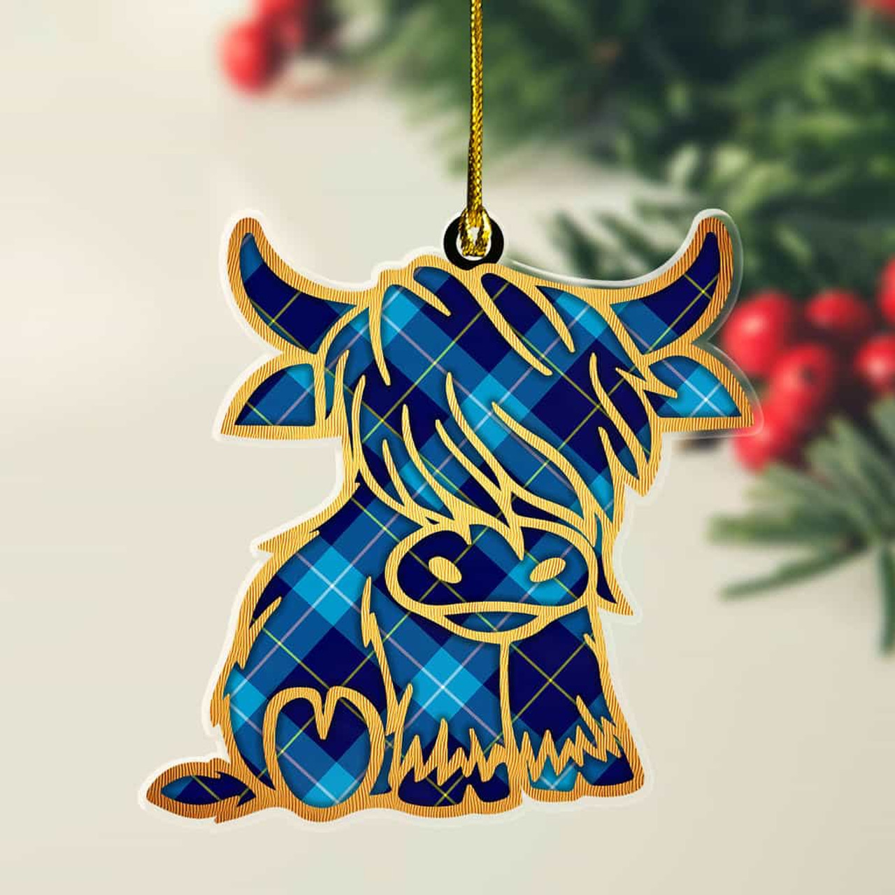 ScotsTee Shop Scottish McKerrell Plaid Gold Tartan Highland Cow Ornament