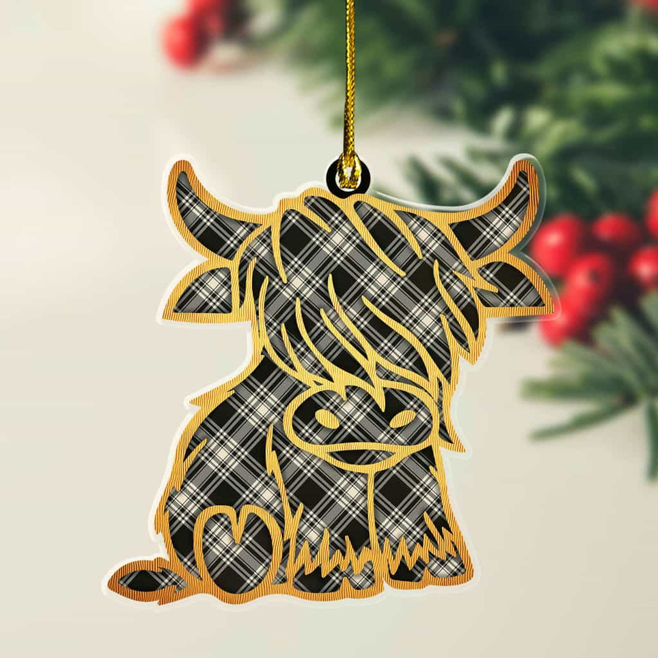 ScotsTee Shop Scottish Menzies Black & White Ancient Plaid Gold Tartan Highland Cow Ornament