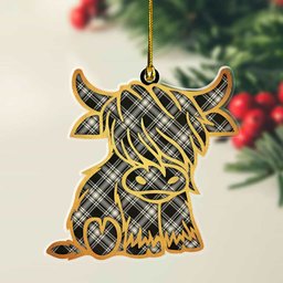 ScotsTee Shop Scottish Menzies Black & White Ancient Plaid Gold Tartan Highland Cow Ornament