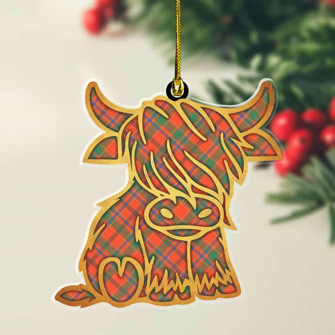 ScotsTee Shop Scottish Munro Ancient Plaid Gold Tartan Highland Cow Ornament