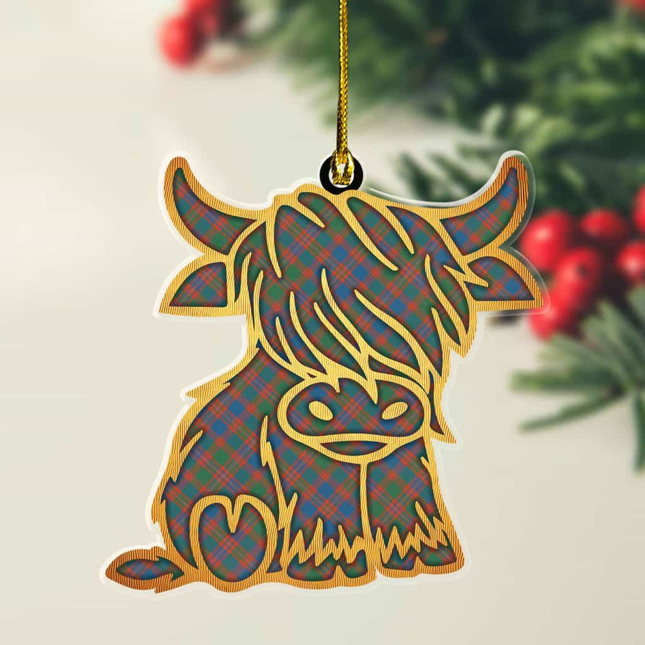 ScotsTee Shop Scottish MacIntyre Ancient Plaid Gold Tartan Highland Cow Ornament
