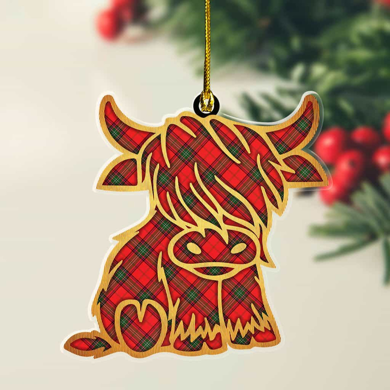 ScotsTee Shop Scottish Seton Modern Plaid Gold Tartan Highland Cow Ornament