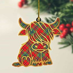 ScotsTee Shop Scottish MacLean of Duart Modern Plaid Gold Tartan Highland Cow Ornament
