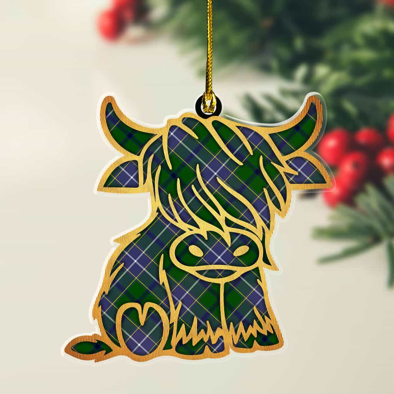 ScotsTee Shop Scottish Wishart Hunting Modern Plaid Gold Tartan Highland Cow Ornament