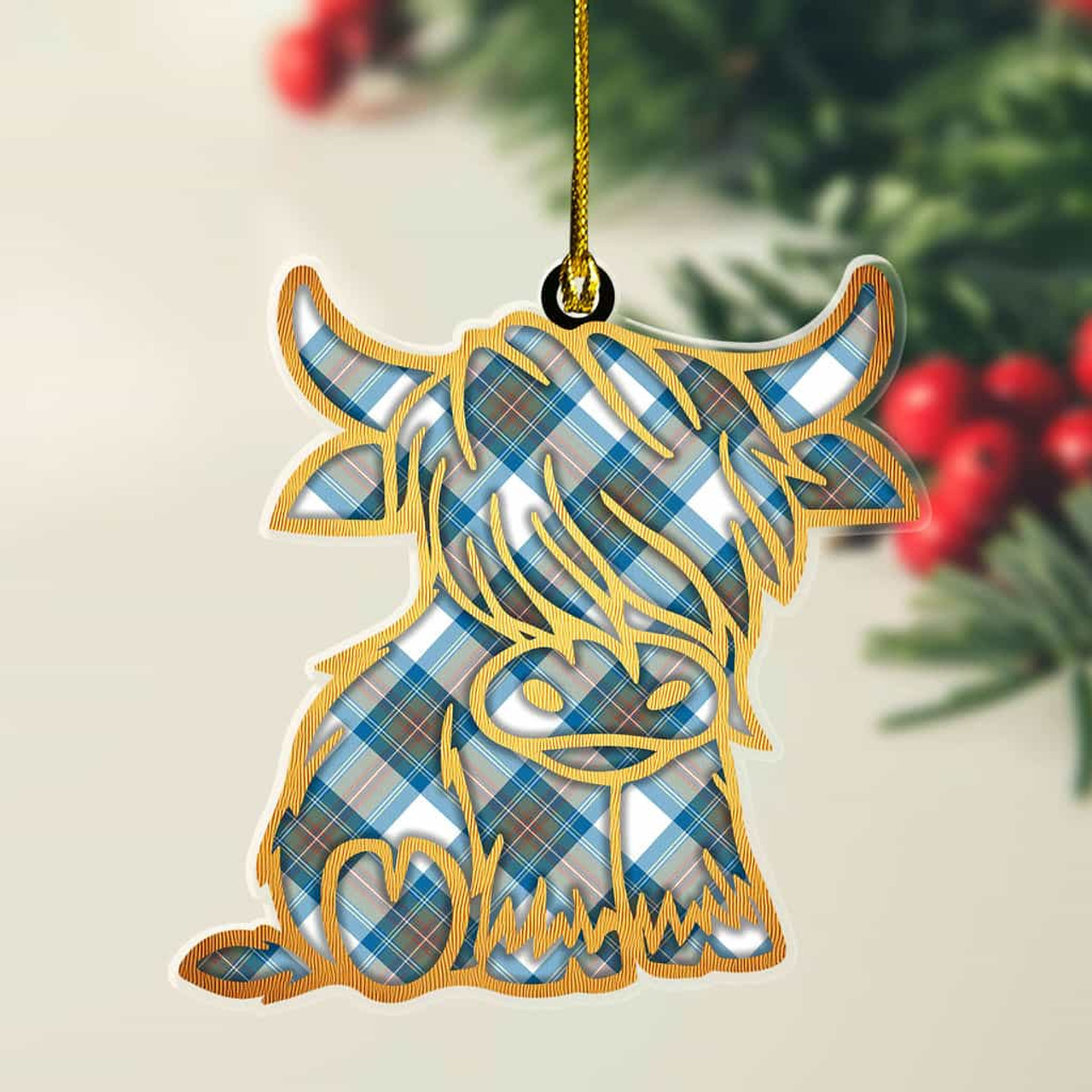 ScotsTee Shop Scottish Stewart Muted Blue Plaid Gold Tartan Highland Cow Ornament