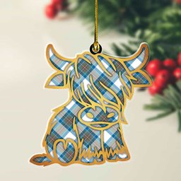 ScotsTee Shop Scottish Stewart Muted Blue Plaid Gold Tartan Highland Cow Ornament