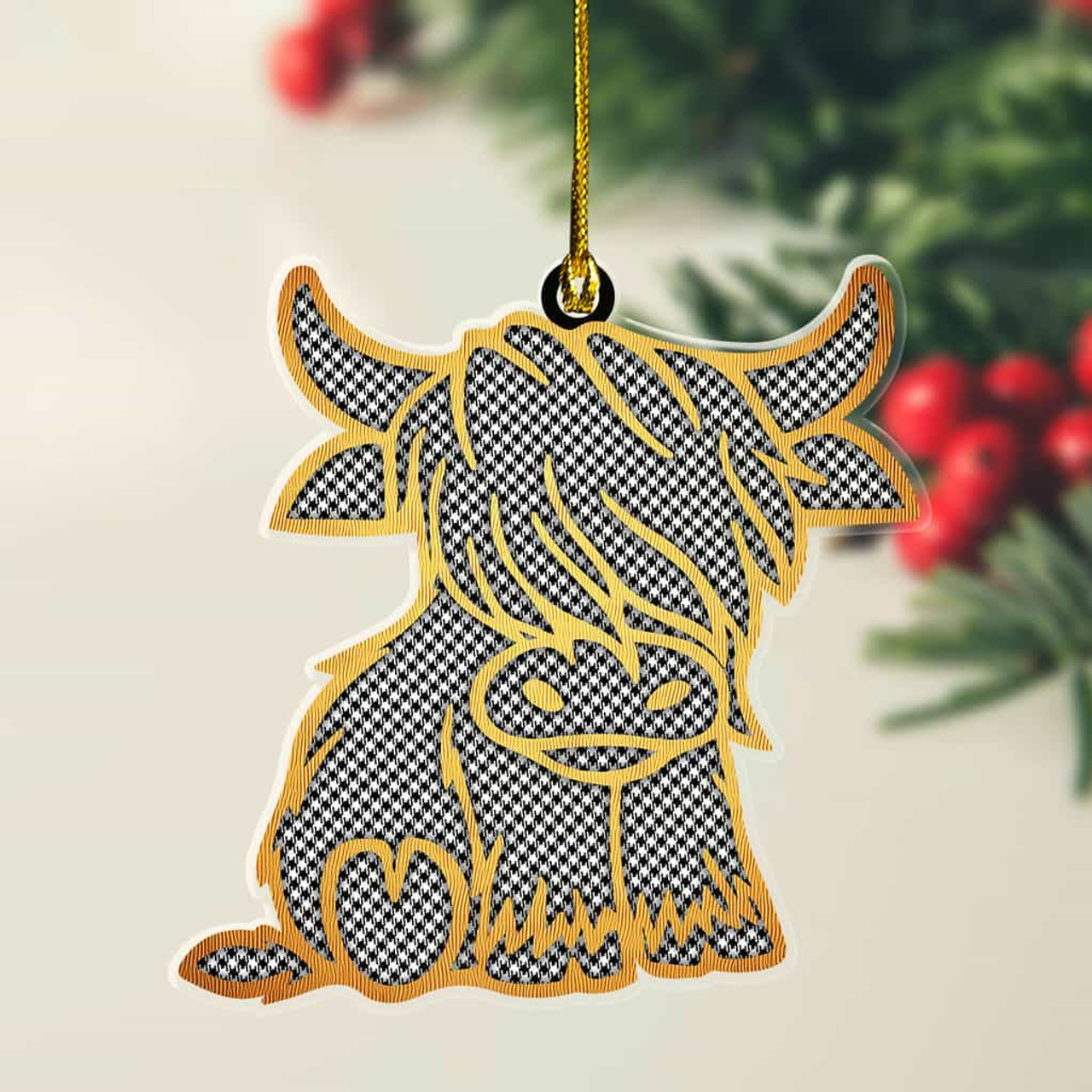 ScotsTee Shop Scottish Shepherd Plaid Gold Tartan Highland Cow Ornament